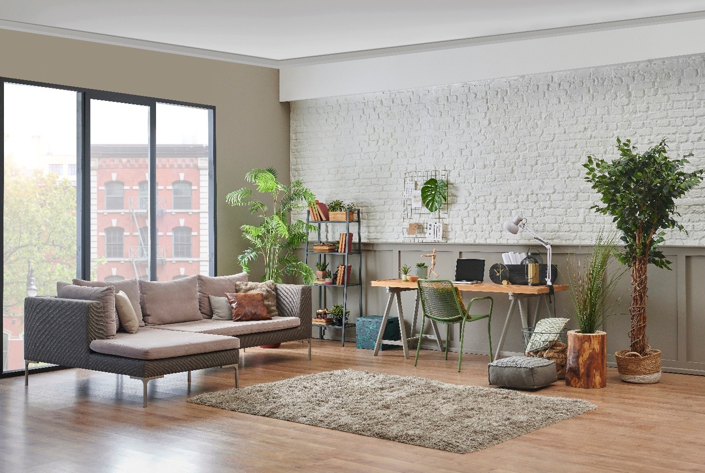an industrial style living space staged with minimalist furniture and plants